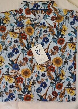 R2 Amsterdam Light Blue Floral Button-Up Shirt with Yellow & Navy Accents